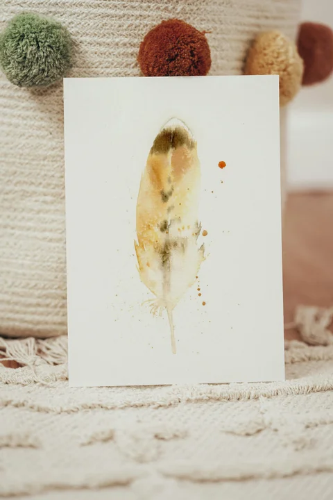 Image of a feather watercolor painting by Shayna Larsen, originals & prints available