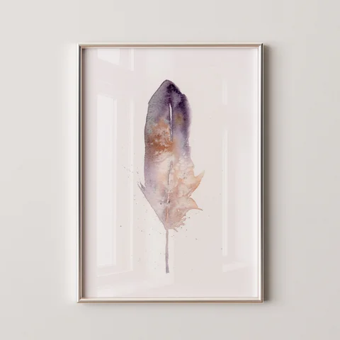 Image of a feather watercolor painting by Shayna Larsen, originals & prints available