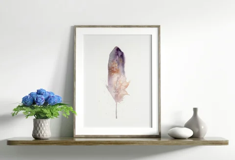 Image of a feather watercolor painting by Shayna Larsen, originals & prints available