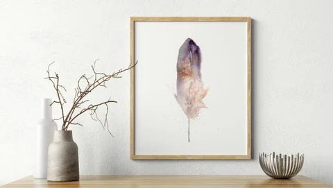 Image of a feather watercolor painting by Shayna Larsen, originals & prints available