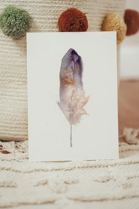 Image of a feather watercolor painting by Shayna Larsen, originals & prints available