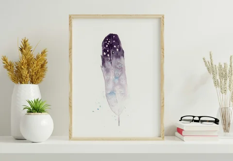 Image of a feather watercolor painting by Shayna Larsen, originals & prints available