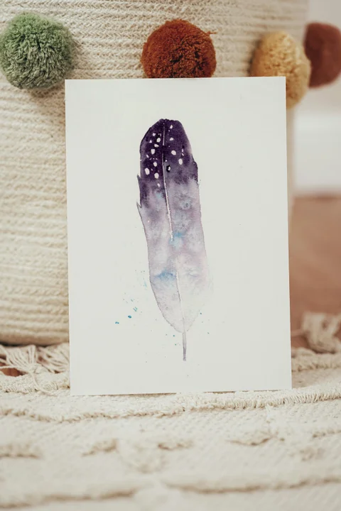 Image of a feather watercolor painting by Shayna Larsen, originals & prints available