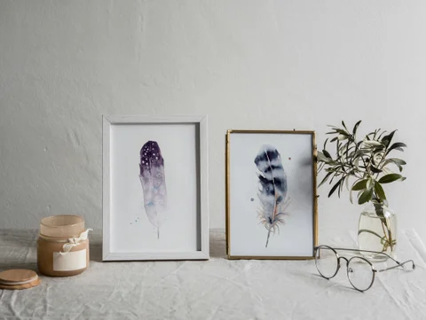 Image of a feather watercolor painting by Shayna Larsen, originals & prints available