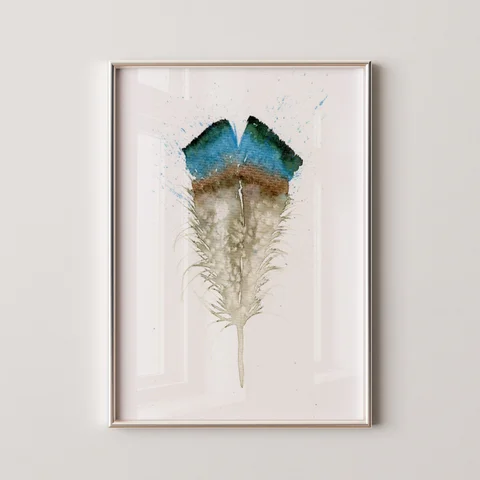 Image of a feather watercolor painting by Shayna Larsen, originals & prints available