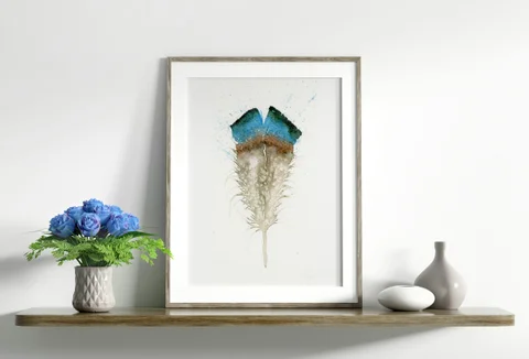 Image of a feather watercolor painting by Shayna Larsen, originals & prints available