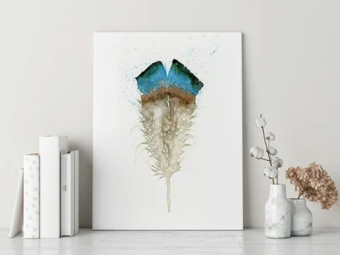 Image of a feather watercolor painting by Shayna Larsen, originals & prints available