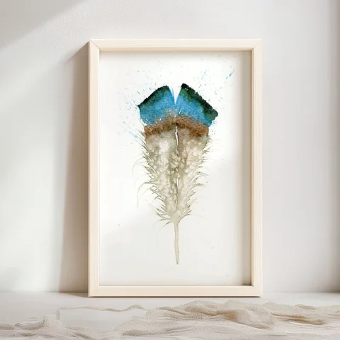 Image of a feather watercolor painting by Shayna Larsen, originals & prints available