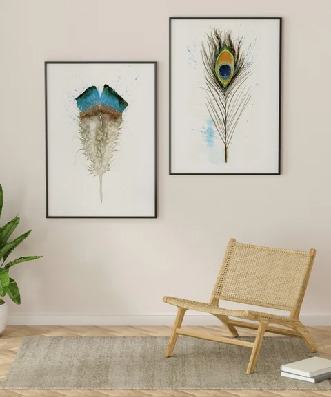 Image of a feather watercolor painting by Shayna Larsen, originals & prints available