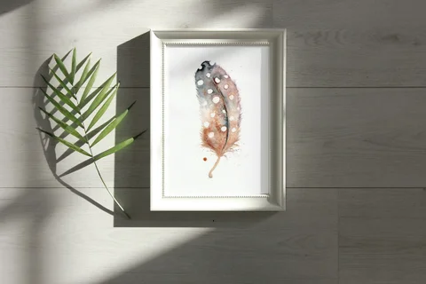 Image of a feather watercolor painting by Shayna Larsen, originals & prints available