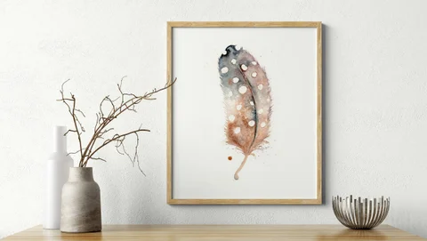 Image of a feather watercolor painting by Shayna Larsen, originals & prints available