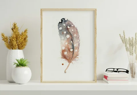 Image of a feather watercolor painting by Shayna Larsen, originals & prints available