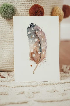 Image of a feather watercolor painting by Shayna Larsen, originals & prints available