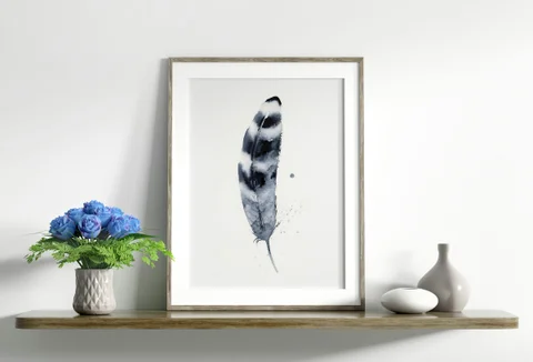 Image of a feather watercolor painting by Shayna Larsen, originals & prints available