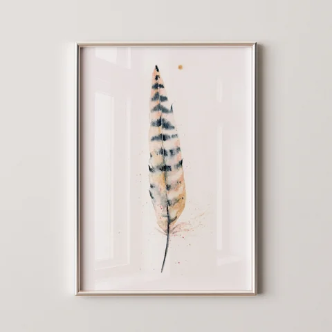 Image of a feather watercolor painting by Shayna Larsen, originals & prints available