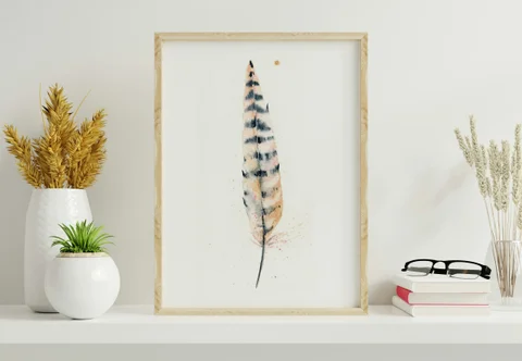 Image of a feather watercolor painting by Shayna Larsen, originals & prints available