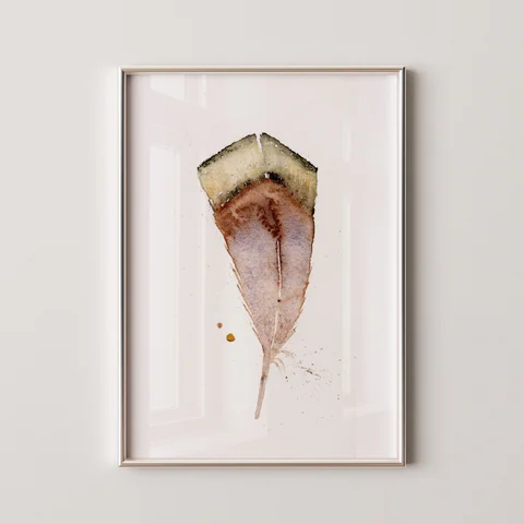 Image of a feather watercolor painting by Shayna Larsen, originals & prints available