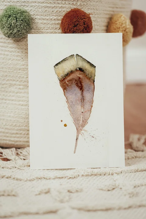 Image of a feather watercolor painting by Shayna Larsen, originals & prints available