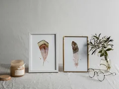 Image of a feather watercolor painting by Shayna Larsen, originals & prints available