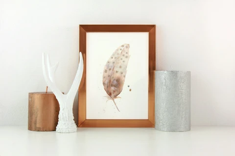 Image of a feather watercolor painting by Shayna Larsen, originals & prints available
