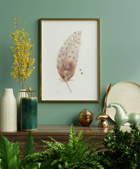 Image of a feather watercolor painting by Shayna Larsen, originals & prints available