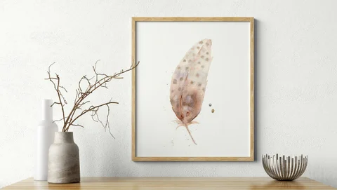 Image of a feather watercolor painting by Shayna Larsen, originals & prints available