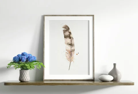 Image of a feather watercolor painting by Shayna Larsen, originals & prints available