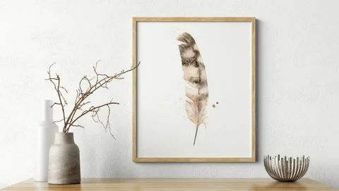 Image of a feather watercolor painting by Shayna Larsen, originals & prints available