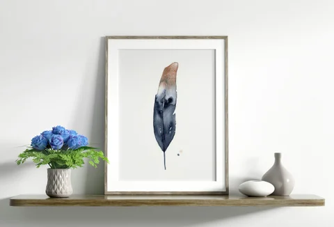 Image of a feather watercolor painting by Shayna Larsen, originals & prints available