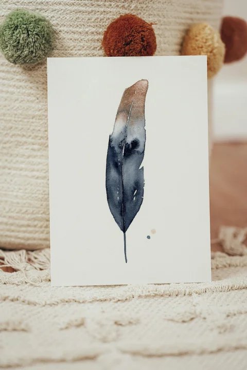 Image of a feather watercolor painting by Shayna Larsen, originals & prints available