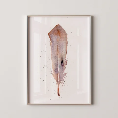 Image of a feather watercolor painting by Shayna Larsen, originals & prints available