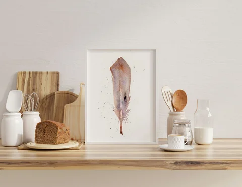 Image of a feather watercolor painting by Shayna Larsen, originals & prints available