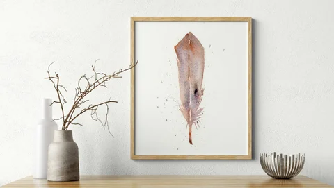 Image of a feather watercolor painting by Shayna Larsen, originals & prints available