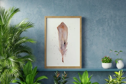 Image of a feather watercolor painting by Shayna Larsen, originals & prints available