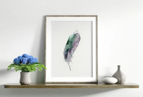Image of a feather watercolor painting by Shayna Larsen, originals & prints available