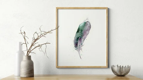 Image of a feather watercolor painting by Shayna Larsen, originals & prints available