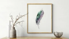 Image of a feather watercolor painting by Shayna Larsen, originals & prints available