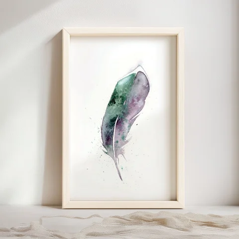 Image of a feather watercolor painting by Shayna Larsen, originals & prints available