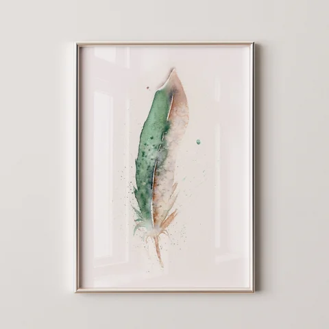 Image of a feather watercolor painting by Shayna Larsen, originals & prints available