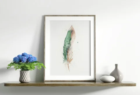 Image of a feather watercolor painting by Shayna Larsen, originals & prints available