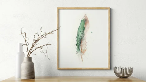 Image of a feather watercolor painting by Shayna Larsen, originals & prints available