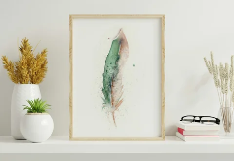 Image of a feather watercolor painting by Shayna Larsen, originals & prints available