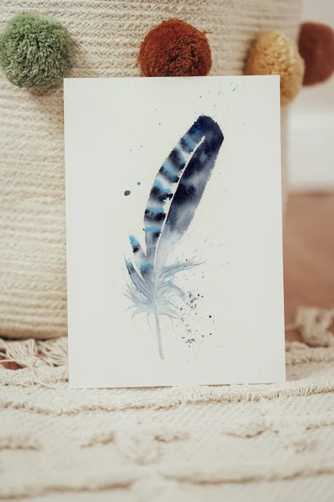 Image of a feather watercolor painting by Shayna Larsen, originals & prints available