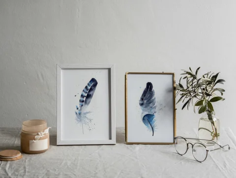 Image of a feather watercolor painting by Shayna Larsen, originals & prints available