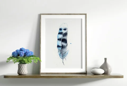 Image of a feather watercolor painting by Shayna Larsen, originals & prints available