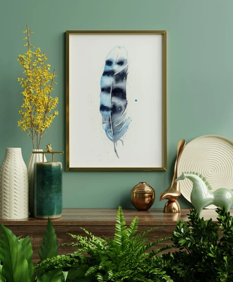 Image of a feather watercolor painting by Shayna Larsen, originals & prints available