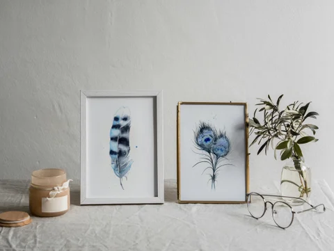 Image of a feather watercolor painting by Shayna Larsen, originals & prints available