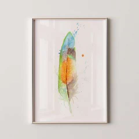 Image of a feather watercolor painting by Shayna Larsen, originals & prints available