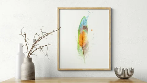 Image of a feather watercolor painting by Shayna Larsen, originals & prints available