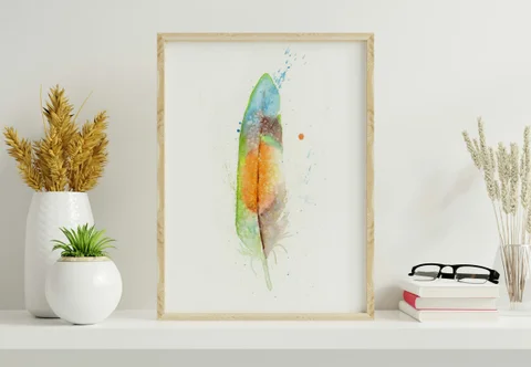 Image of a feather watercolor painting by Shayna Larsen, originals & prints available